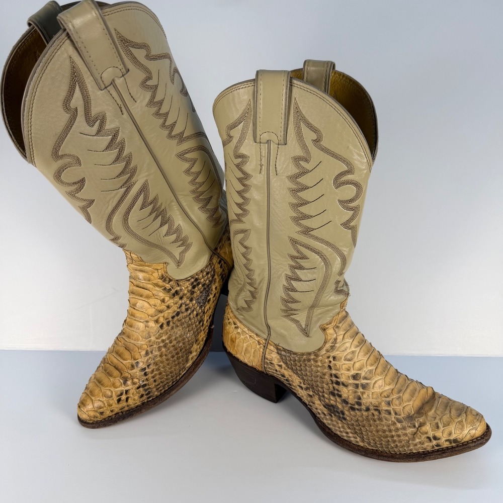 Justin Cowboy Boots Mens 9.5D Tan Snakeskin Exotic Leather Western Stitched VTG